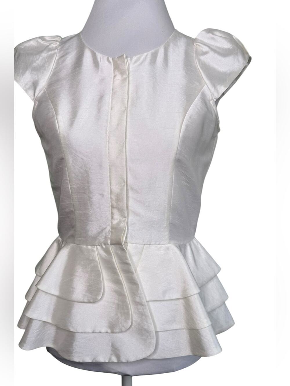 C. Luce White Satin Tiered Peplum Blouse Puff Sleeve Size M